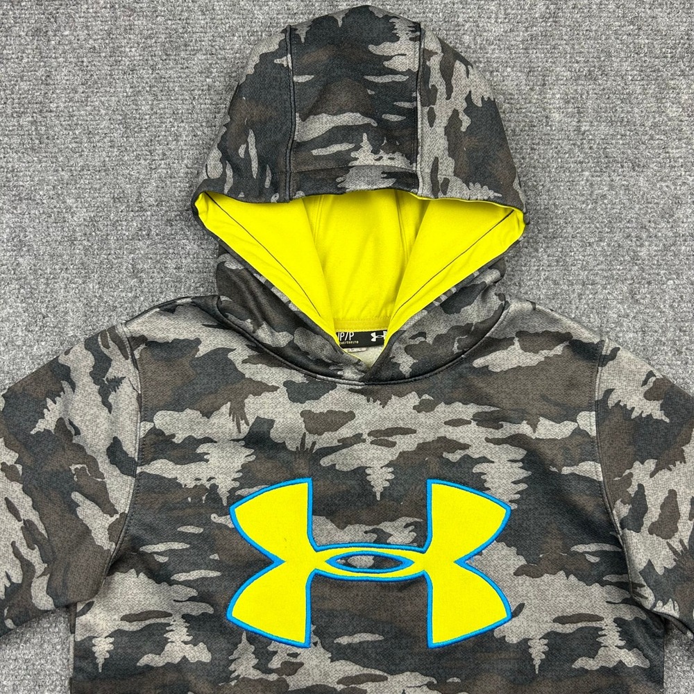 Under Armour Hoodie Kids Small Gray Camo Fleece Pullover Logo Sweatshirt